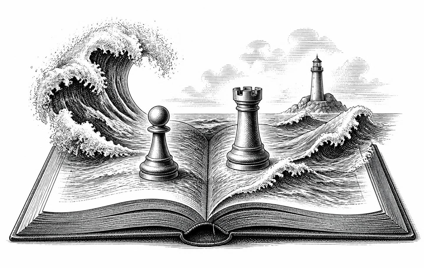 Engraving of an open book with ocean waves rising from its pages, a chess pawn and rook on the pages, and a lighthouse on the horizon.