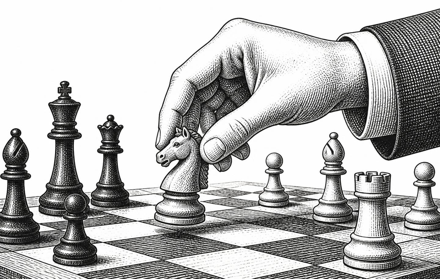 Engraving of a hand moving a chess knight across a board.