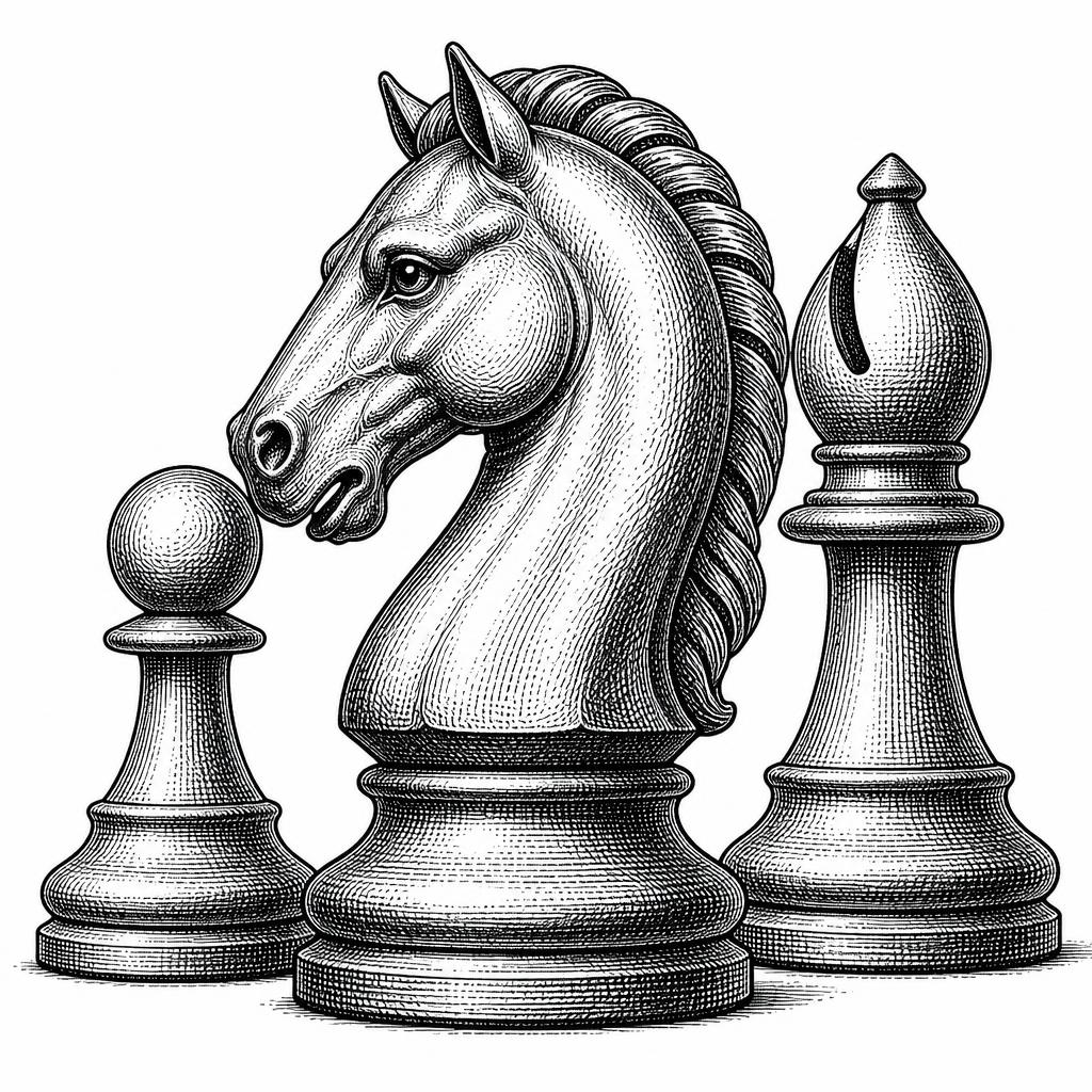 Engraving of a chess knight in profile beside a pawn and a bishop.