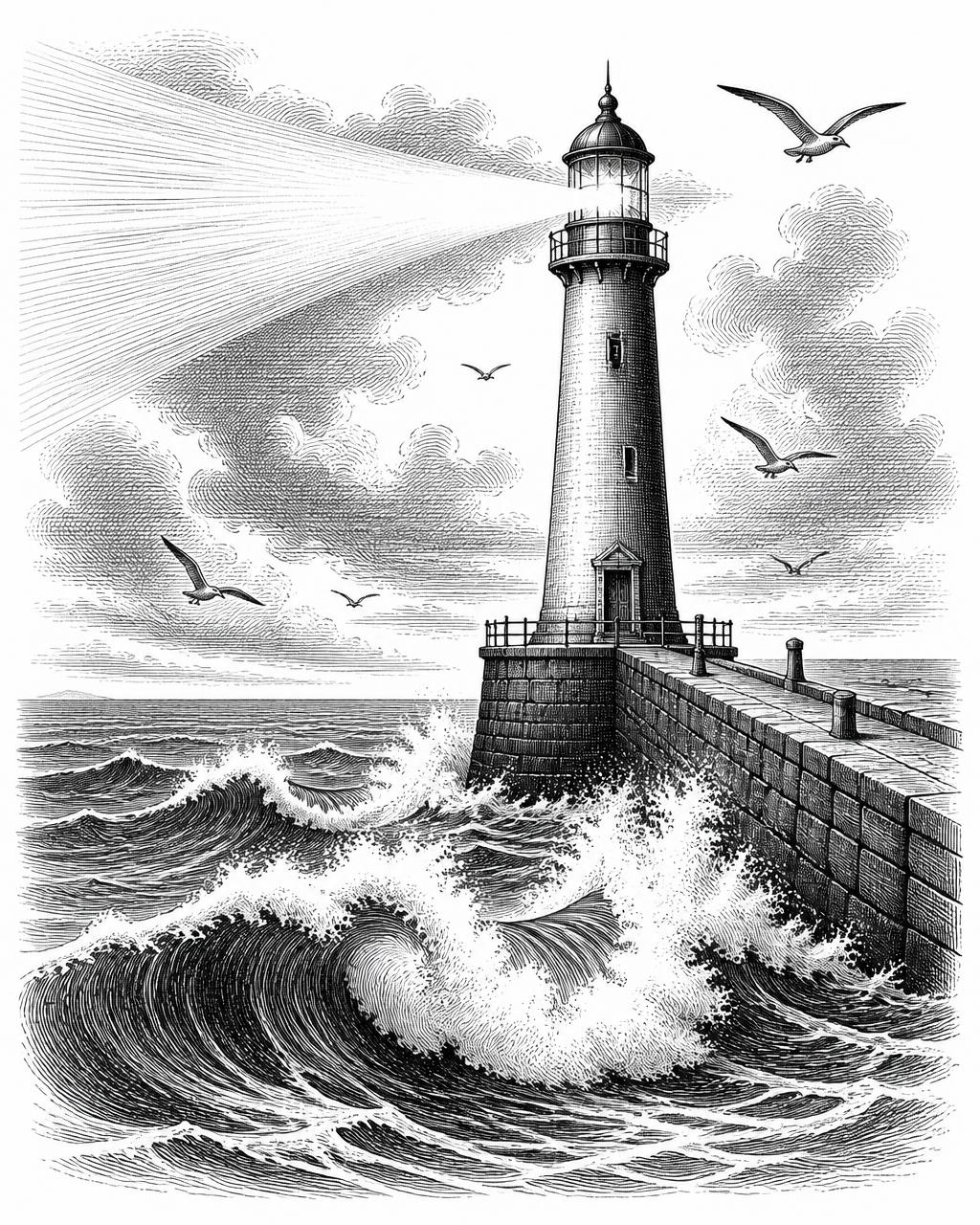Engraving of a lighthouse at the end of a stone jetty as waves break against it.